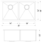 DAX Double Bowl Undermount 50/50 Kitchen Sink, 16 Gauge Stainless Steel, Brushed Finish , 31 x 18 x 10 Inches (DAX-SQ-3118A)
