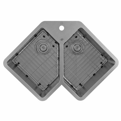 DAX Handmade Corner Double Bowl Undermount Kitchen Sink, 16 Gauge Stainless Steel, Brushed Finish, 32-3/4 x 22-3/4 x 10 Inches (DAX-347)