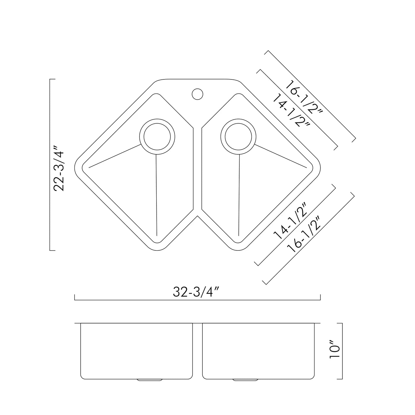 DAX Handmade Corner Double Bowl Undermount Kitchen Sink, 16 Gauge Stainless Steel, Brushed Finish, 32-3/4 x 22-3/4 x 10 Inches (DAX-347)