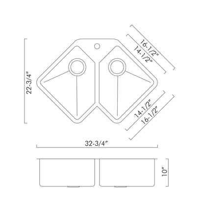 DAX Handmade Corner Double Bowl Undermount Kitchen Sink, 16 Gauge Stainless Steel, Brushed Finish, 32-3/4 x 22-3/4 x 10 Inches (DAX-347)