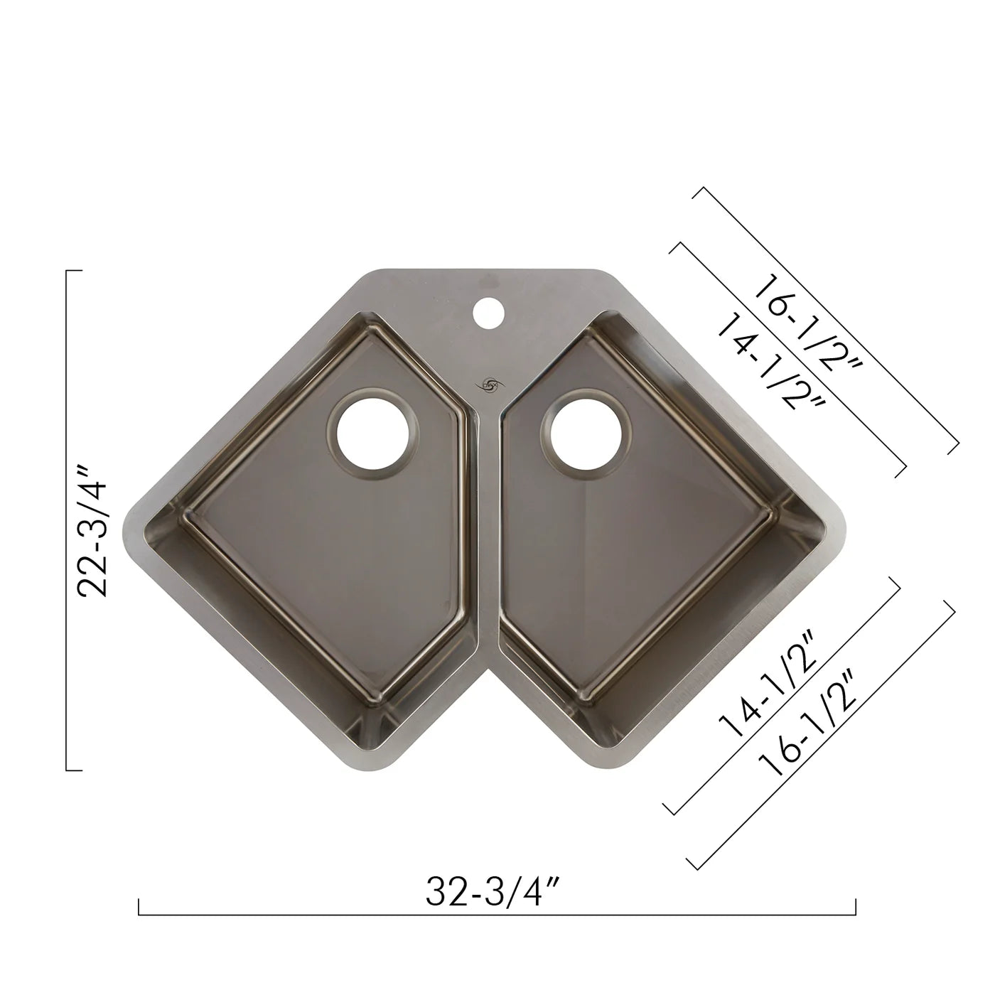 DAX Handmade Corner Double Bowl Undermount Kitchen Sink, 16 Gauge Stainless Steel, Brushed Finish, 32-3/4 x 22-3/4 x 10 Inches (DAX-347)