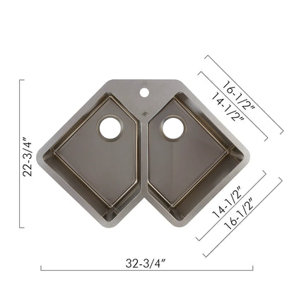 DAX Handmade Corner Double Bowl Undermount Kitchen Sink, 16 Gauge Stainless Steel, Brushed Finish, 32-3/4 x 22-3/4 x 10 Inches (DAX-347)
