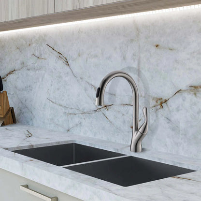 DAX Single Handle Pull Down Kitchen Faucet with Dual Sprayer and Swivel Spout, Brass Body, Brushed Nickel Finish, 9-1/8 x 15-5/8 Inches (DAX-6985E-BN) Sale price