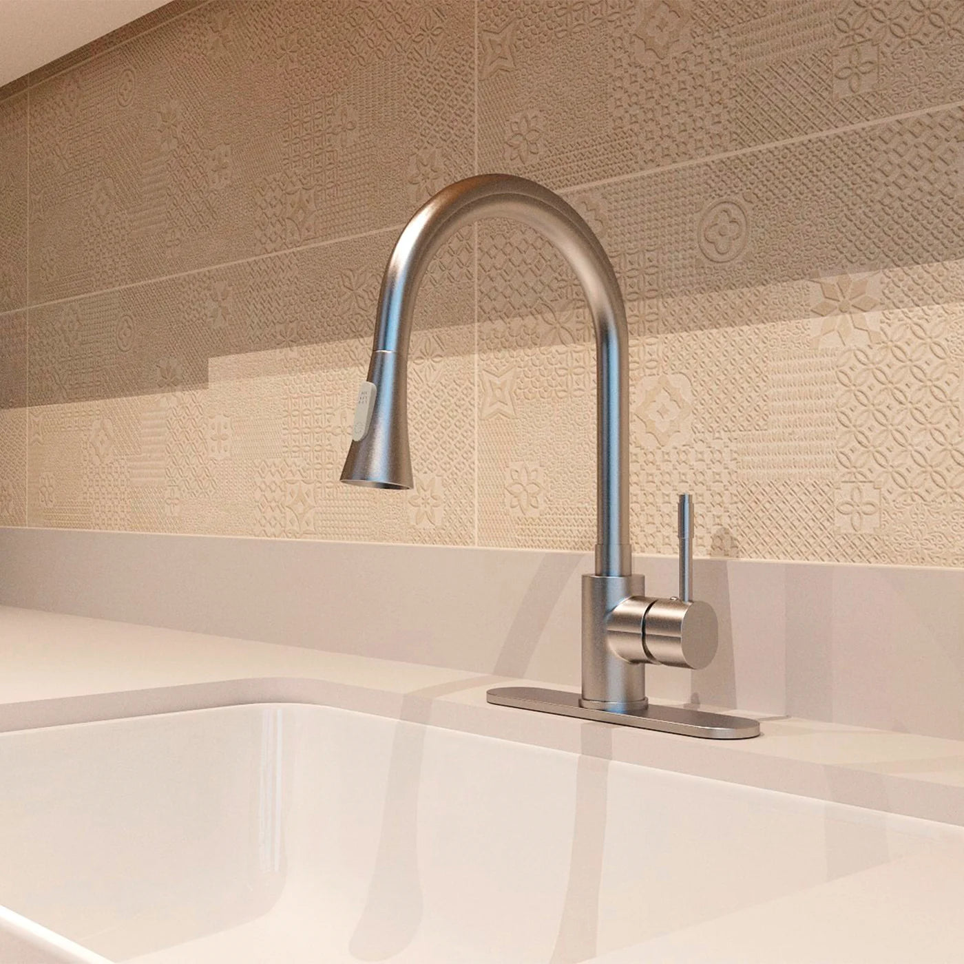 DAX Single Handle Pull Down Kitchen Faucet with Dual Sprayer and Deck Plate, Brushed Nickel Finish (DAX-8880)