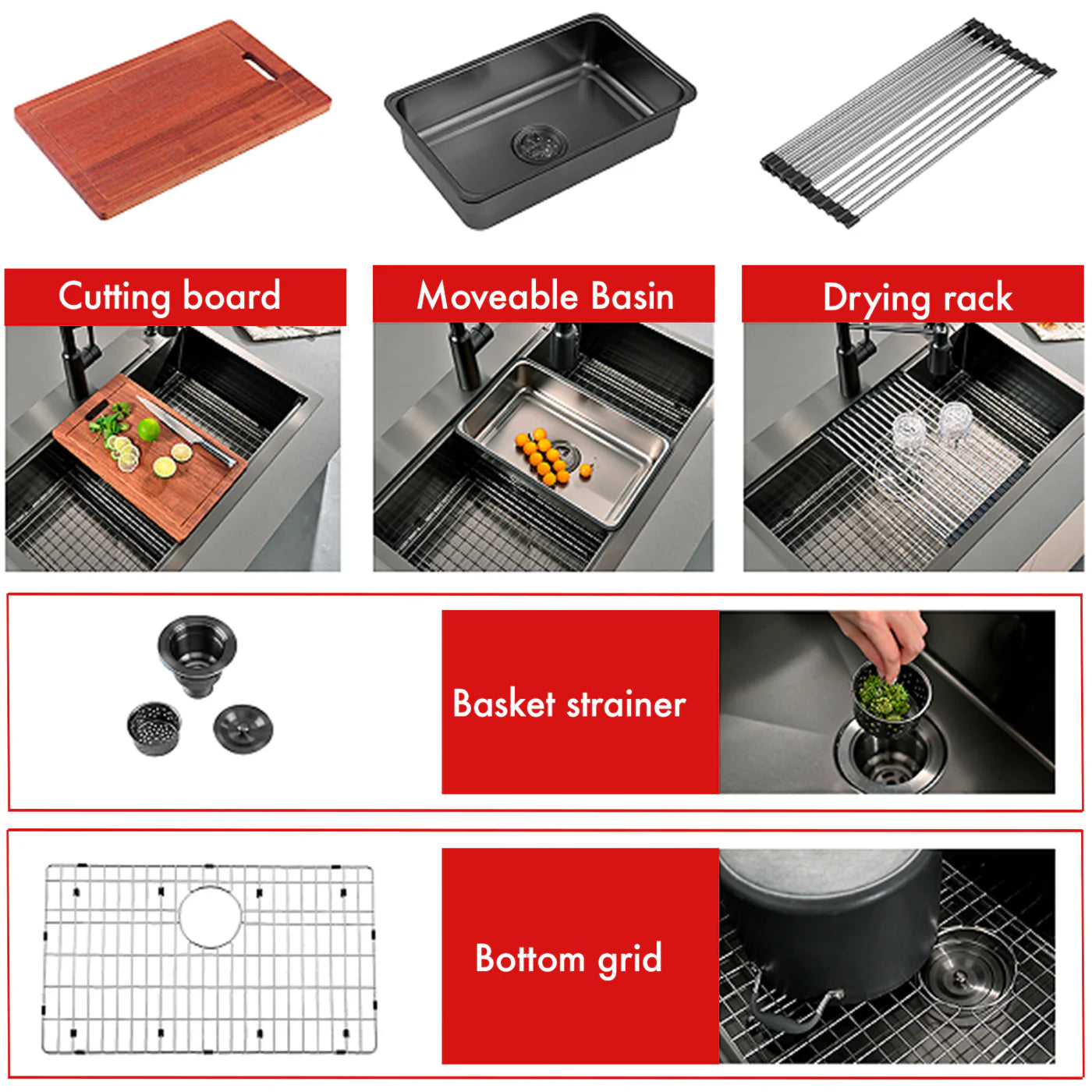 DAX Handmade Workstation Single Bowl Undermount Kitchen Sink NB - Stainless Steel 304 - 16 G - Acces