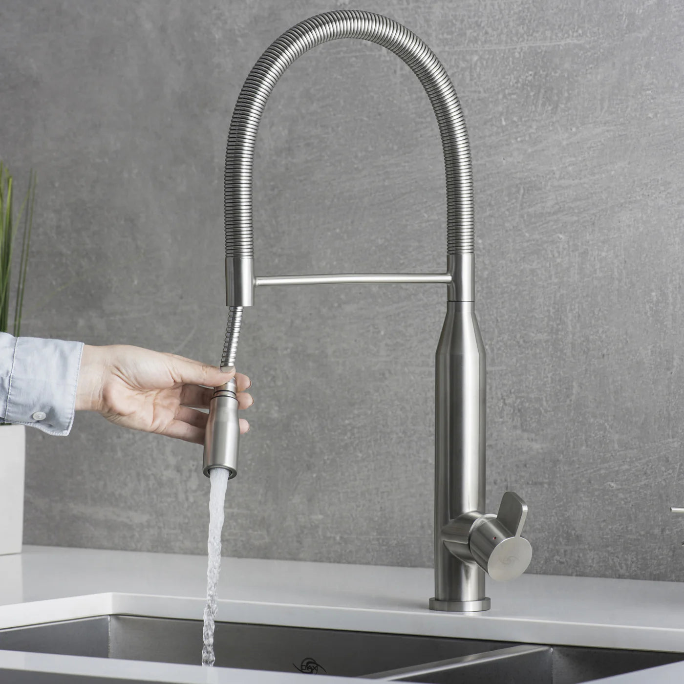 DAX Single Handle Pull Down Kitchen Faucet, Stainless Steel Shower Head and Body, Brushed Finish, Size 9-1/16 x 19-5/16 Inches (DAX-S1095A)