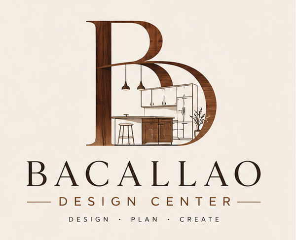 A logo-style graphic on a light beige background featuring a large stylized brown letter B with an illustrated kitchen interior inside it, above the text 'BACALLAO DESIGN CENTER' and smaller text 'DESIGN • PLAN • CREATE'.