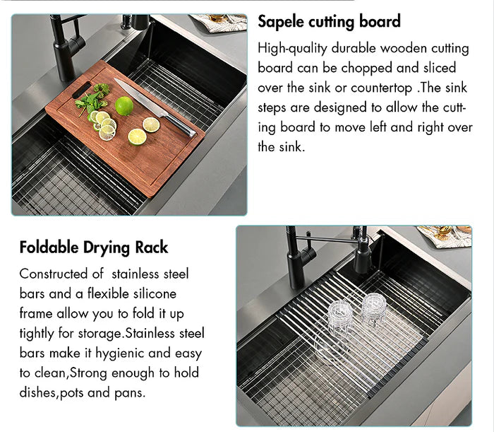 DAX Handmade Workstation Single Bowl Undermount Kitchen Sink NB - Stainless Steel 304 - 16 G - Acces
